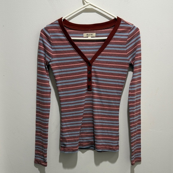 Madewell Fine Ribbed Henley Striped Long Sleeve Top Size XXS - Picture 2 of 9